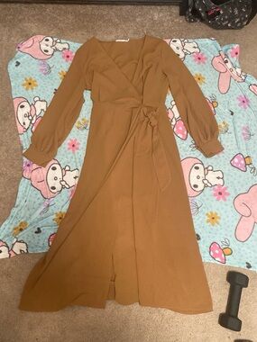 All in Favor Camel Brown Wrap Maxi Dress with Tie Waist